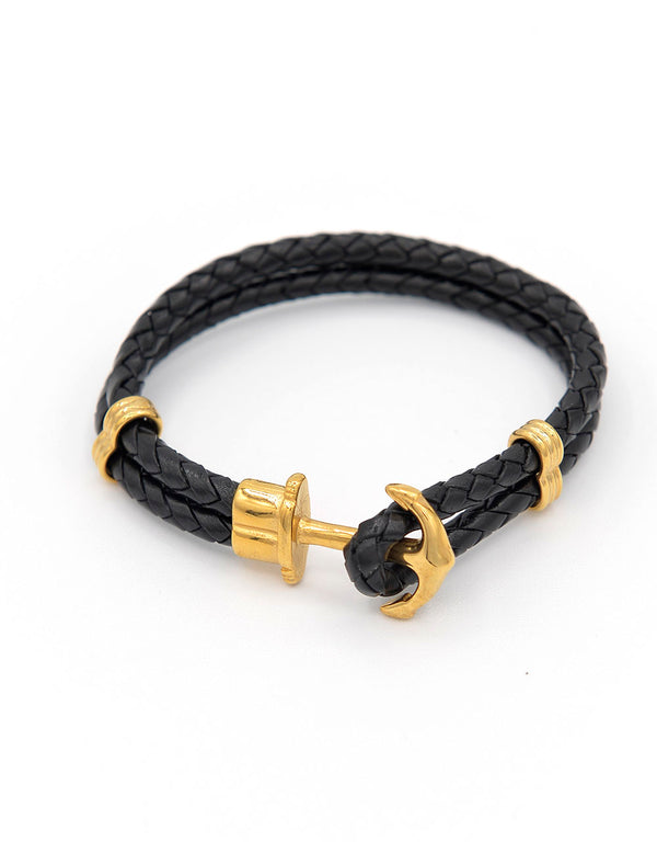 Men's leather bracelet with golden steel anchor